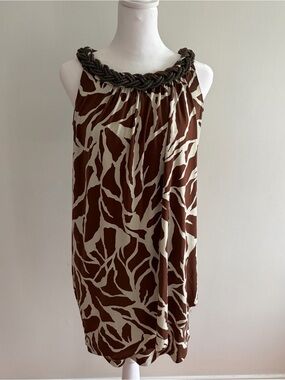 Donna Ricco Brown and Cream Braided Bead-Trim Sleeveless Top